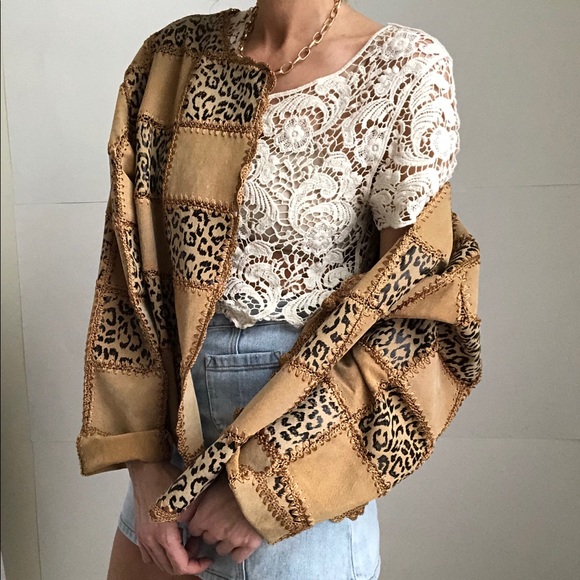 Vintage Jackets & Blazers - Caramel leather patchwork dolman crop cardigan